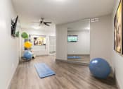 Thumbnail 12 of 30 - A room with a mirror, a TV, and exercise balls.