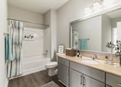 Thumbnail 29 of 30 - A bathroom with a white toilet, a white bathtub with a shower curtain, a sink, a mirror, and a plant.