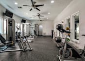 Thumbnail 23 of 41 - a gym with exercise equipment and a ceiling fan