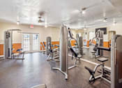 Thumbnail 4 of 7 - A gym with a variety of equipment including treadmills, weight machines, and benches.