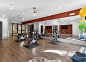 Thumbnail 29 of 32 - A gym with exercise equipment and a mirrored wall.