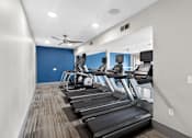 Thumbnail 31 of 32 - A row of treadmills are lined up in a gym.