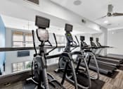 Thumbnail 30 of 32 - A row of treadmills in a gym with a view of the outside.