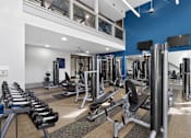 Thumbnail 7 of 32 - A gym with a blue wall and a variety of equipment.