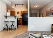 Thumbnail 6 of 28 - A kitchen with a black refrigerator and wooden cabinets.