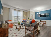 Thumbnail 2 of 48 - Kansas City, MO Apartments for Rent - Riverstone - Living Room with Open Floor Plan and Wood-Style Floors