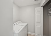 Thumbnail 25 of 27 - A white washing machine in a small laundry room.