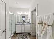 Thumbnail 15 of 26 - a bathroom with a shower and a sink and a mirror
