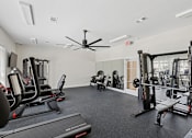 Thumbnail 25 of 26 - A spacious gym with a variety of equipment including treadmills, elliptical machines, and weight machines.