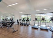 Thumbnail 32 of 35 - A gym with treadmills, elliptical machines, and weights.