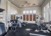 Thumbnail 16 of 32 - Aurora, CO, Apartments for Rent - Sonoma Resort at Saddle Rock - Fitness Center with Cardio Machines, Strength Training Equipment, Ceiling Fan, Mirrors, and Windows.