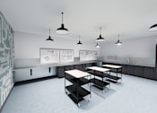 Thumbnail 12 of 21 - A classroom with a whiteboard and several tables.