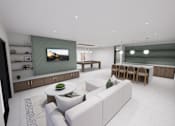 Thumbnail 9 of 21 - A modern living room with a white sofa and a television on the wall.
