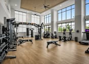 Thumbnail 24 of 26 - A gym with a variety of equipment including a weight bench, a treadmill, and a rowing machine.
