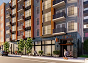 Thumbnail 1 of 4 - A modern apartment building with a car parked in front.