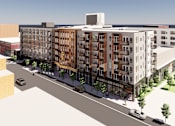 Thumbnail 3 of 4 - A rendering of a modern apartment complex with a street view.