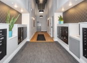 Thumbnail 33 of 50 - a view down a hallway with a carpeted floor and cabinets with lockers on each side  at Dillard Apartments, Fargo, North Dakota 58102