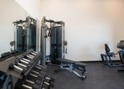 Thumbnail 45 of 84 - a room filled with cardio equipment and weights at The Landing at 1001 NP, Fargo, North Dakota 58102