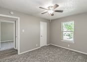 Thumbnail 17 of 17 - Bedroom with ceiling fan and plush carpet at Davis Park Apartments