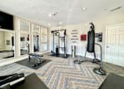 Thumbnail 19 of 25 - A gym with a variety of equipment including a punching bag.