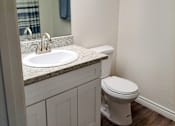 Thumbnail 15 of 36 - A white toilet sits next to a sink in a bathroom at Raintree Apartments, CA 92346