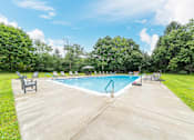 Thumbnail 34 of 35 - A swimming pool surrounded by trees and lawn chairs.