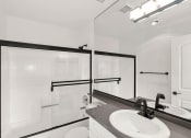 Thumbnail 12 of 19 - White bathroom with modern fixtures, shower, and tub.