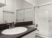 Thumbnail 10 of 21 - Modern styled bathroom with shower and tub.