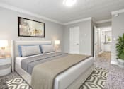 Thumbnail 1 of 14 - Well-lit carpeted bedroom with private bathroom.