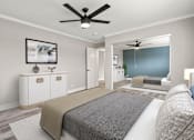 Thumbnail 6 of 15 - Carpeted bedroom with ceiling fan.