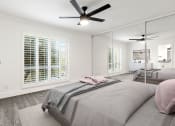 Thumbnail 5 of 25 - Carpeted bedroom with ceiling fan and large natural light window..