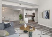 Thumbnail 14 of 27 - Hardwood floored living room with view of tiled kitchen and dining area.