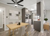 Thumbnail 1 of 15 - Hardwood floored dining room with view of modern-styled kitchen.