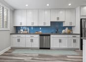 Thumbnail 4 of 19 - Blue tiled kitchen with stainless steel dishwasher and fixtures.