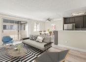 Thumbnail 1 of 15 - Living room with hardwood floor and view of dining room and kitchen area.