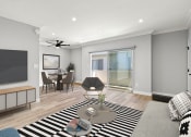Thumbnail 5 of 22 - Hardwood floored living room with view of sliding door to private balcony.