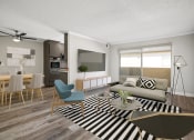Thumbnail 6 of 15 - Hardwood floored living room with view of dining room and kitchen.