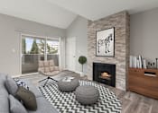 Thumbnail 1 of 15 - Living room with hardwood floors and stone wall accented fireplace.