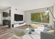 Thumbnail 5 of 28 - Hardwood floored living room with view of balcony and kitchen.