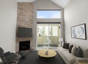 Thumbnail 1 of 27 - Hardwood floored living room with view of stone accent wall, fireplace, and high third-floor ceilings.