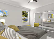 Thumbnail 5 of 24 - Carpeted bedroom with ceiling fan and mirrored closet.