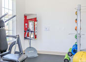 Thumbnail 34 of 41 - A gym room with a rowing machine and a ball.