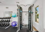 Thumbnail 15 of 33 - A gym with a row of dumbbells on the left and a row of exercise balls on the right.