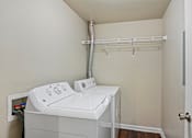 Thumbnail 12 of 32 - A small laundry room with a washer and dryer.