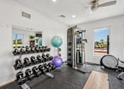 Thumbnail 16 of 33 - A well-equipped home gym with a mirror, dumbbells, a ball, and a treadmill.