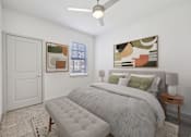 Thumbnail 9 of 43 - A bedroom with a bed, a bench, and a painting on the wall.