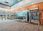Thumbnail 34 of 49 - A gym with a variety of equipment including weights and a leg press machine.