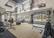 Thumbnail 25 of 29 - A gym with a variety of equipment including a treadmill, weights, and a bench.