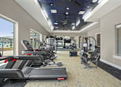 Thumbnail 24 of 29 - A gym with treadmills, weights, and exercise equipment.