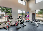 Thumbnail 30 of 36 - Fitness room with spin bikes, rowing machine, and exercise balls by windows.